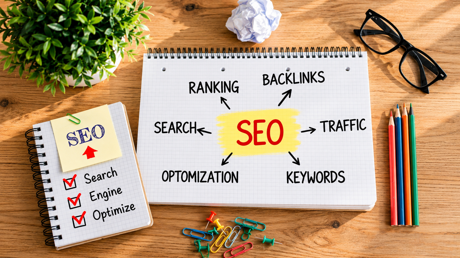seo workspace brainstorm flat lay